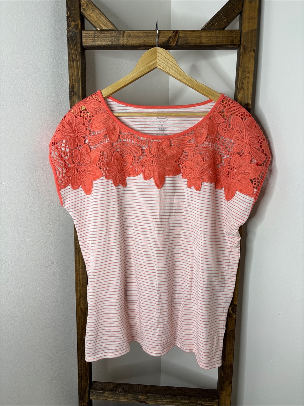 St. John's Bay Coral Crochet Yoke Striped Short Sleeve Tee Size XL